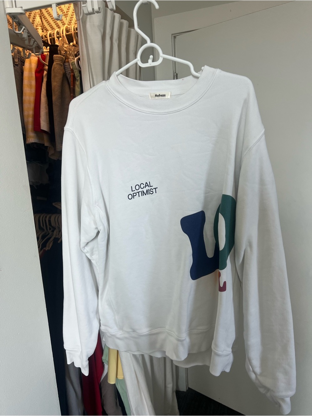 Madhappy White 'Local Optimist' Graphic Crewneck Sweatshirt